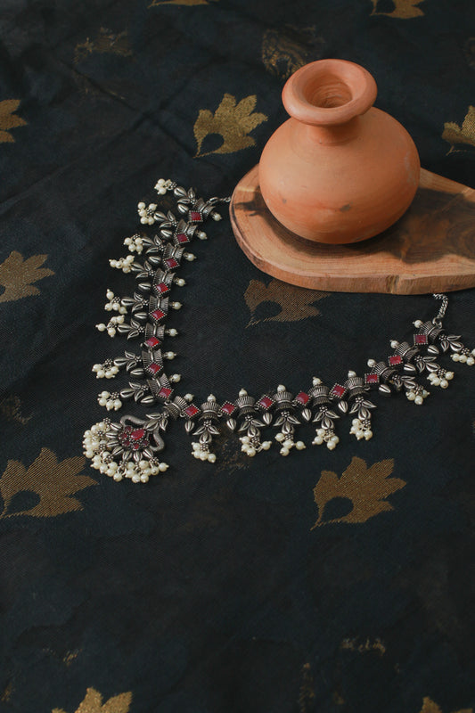 Antique Maroon Floral Drop Necklace for Ethnic Wear