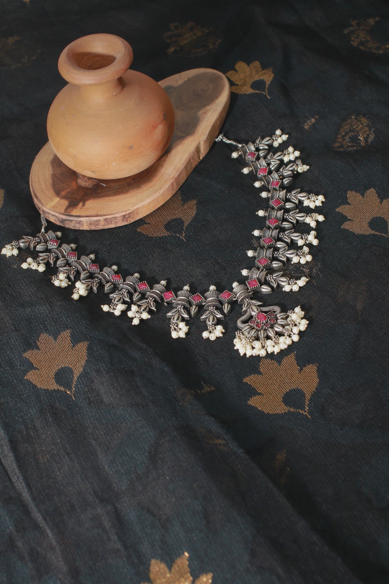Antique Maroon Floral Drop Necklace for Ethnic Wear