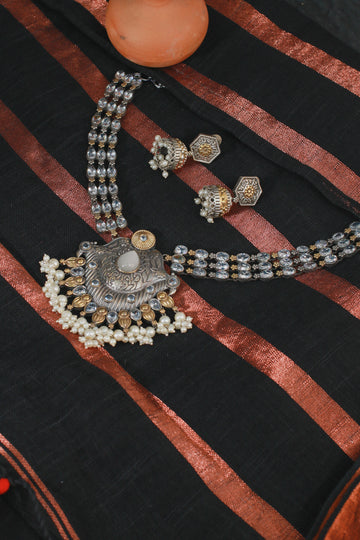Royal Oxidised Kundan Style Necklace Set with Earrings for Women