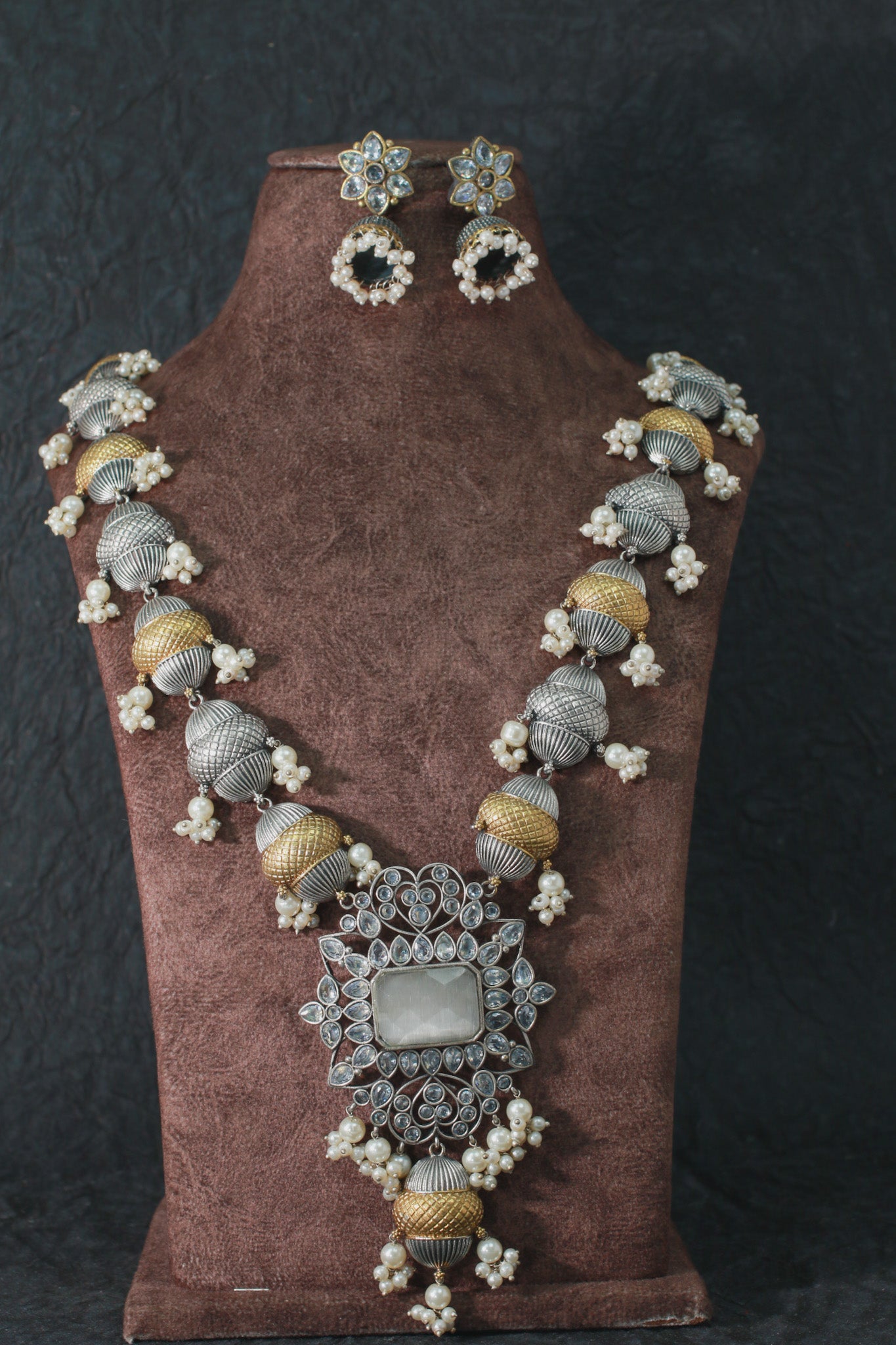 Elegant Dual-Tone Beaded Replica Necklace Set with Earrings for Women