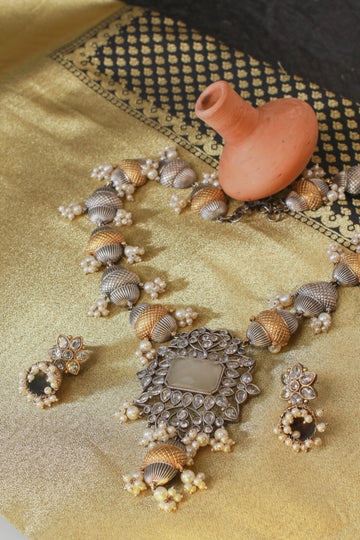 Elegant Dual-Tone Beaded Replica Necklace Set with Earrings for Women