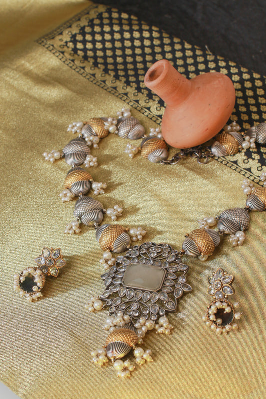 Elegant Dual-Tone Beaded Replica Necklace Set with Earrings for Women