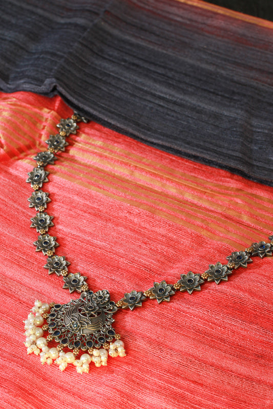 Blue Floral Pendant Necklace with Pearls for Women