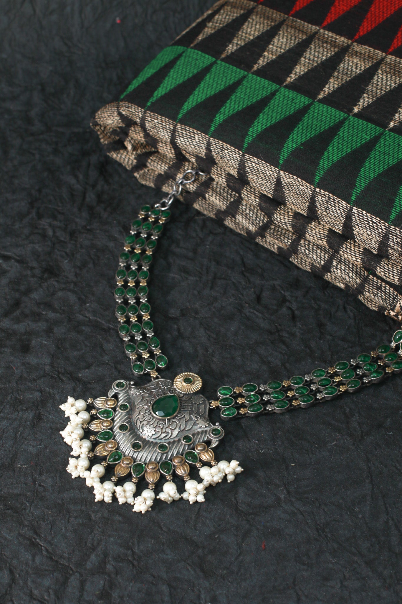 Traditional Green Stone Oxidised Pendant Necklace for Women
