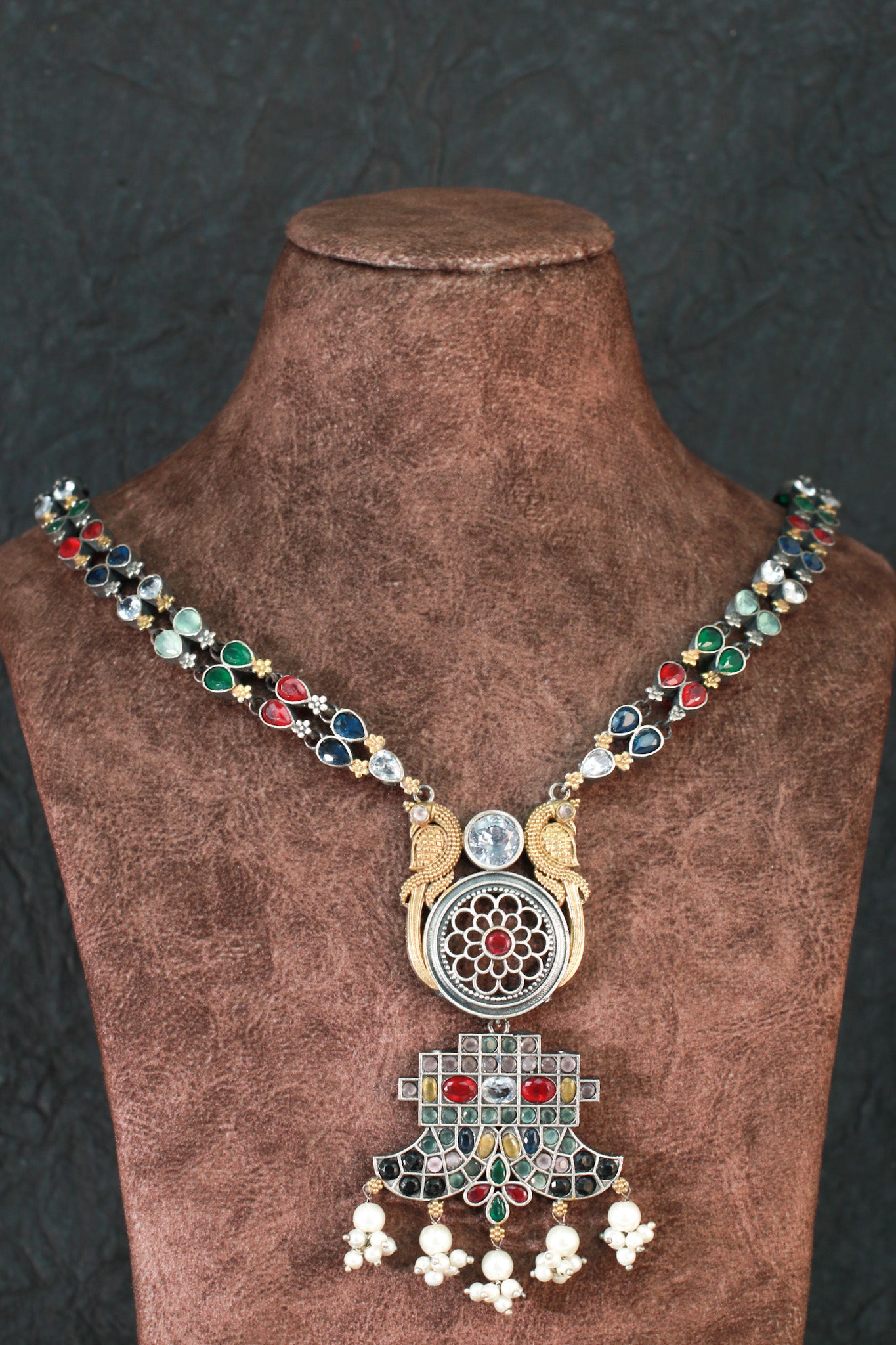 Ethnic Silver Replica Peacock Pendant Necklace for Women