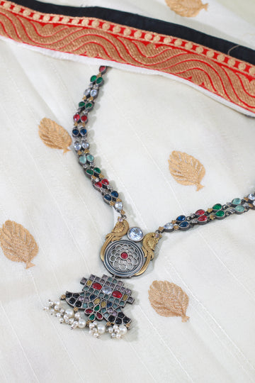 Ethnic Silver Replica Peacock Pendant Necklace for Women
