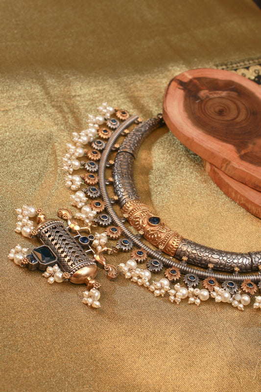 Antique Oxidised Silver Choker Necklace Set with Earrings for Women