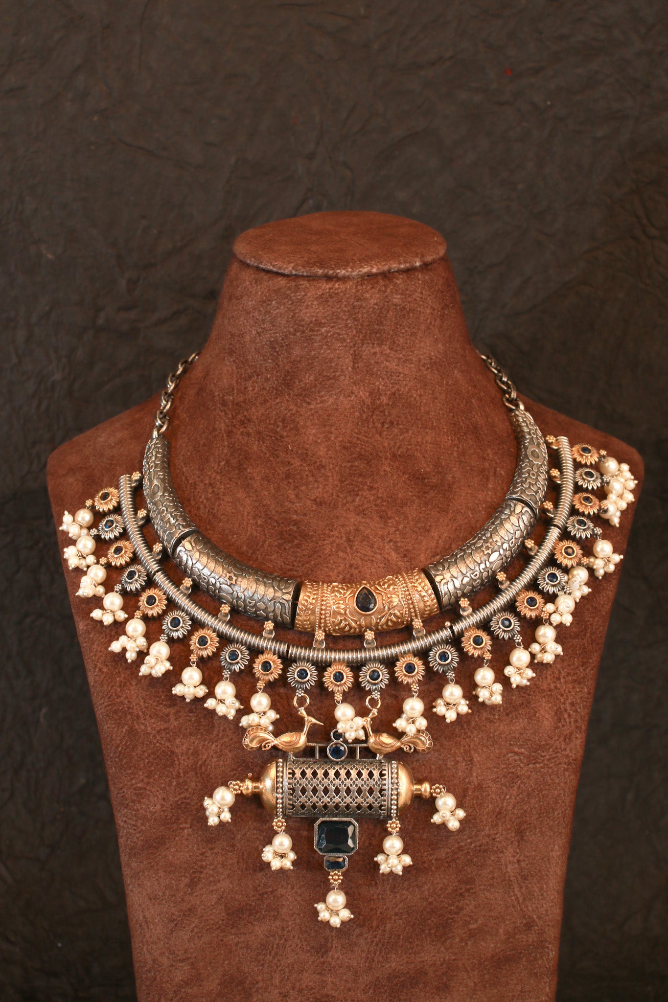 Antique Oxidised Silver Choker Necklace Set with Earrings for Women