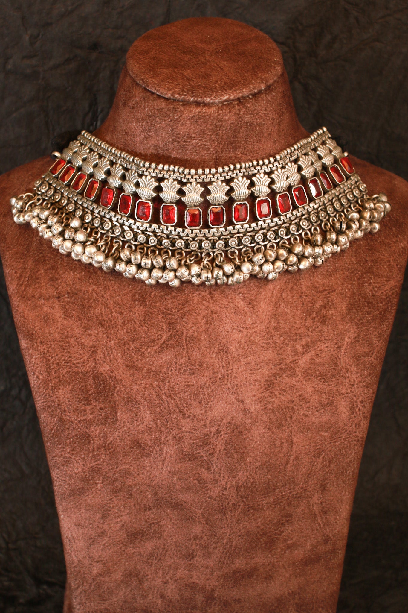 Red Stone Choker with Antique Floral Design for Women