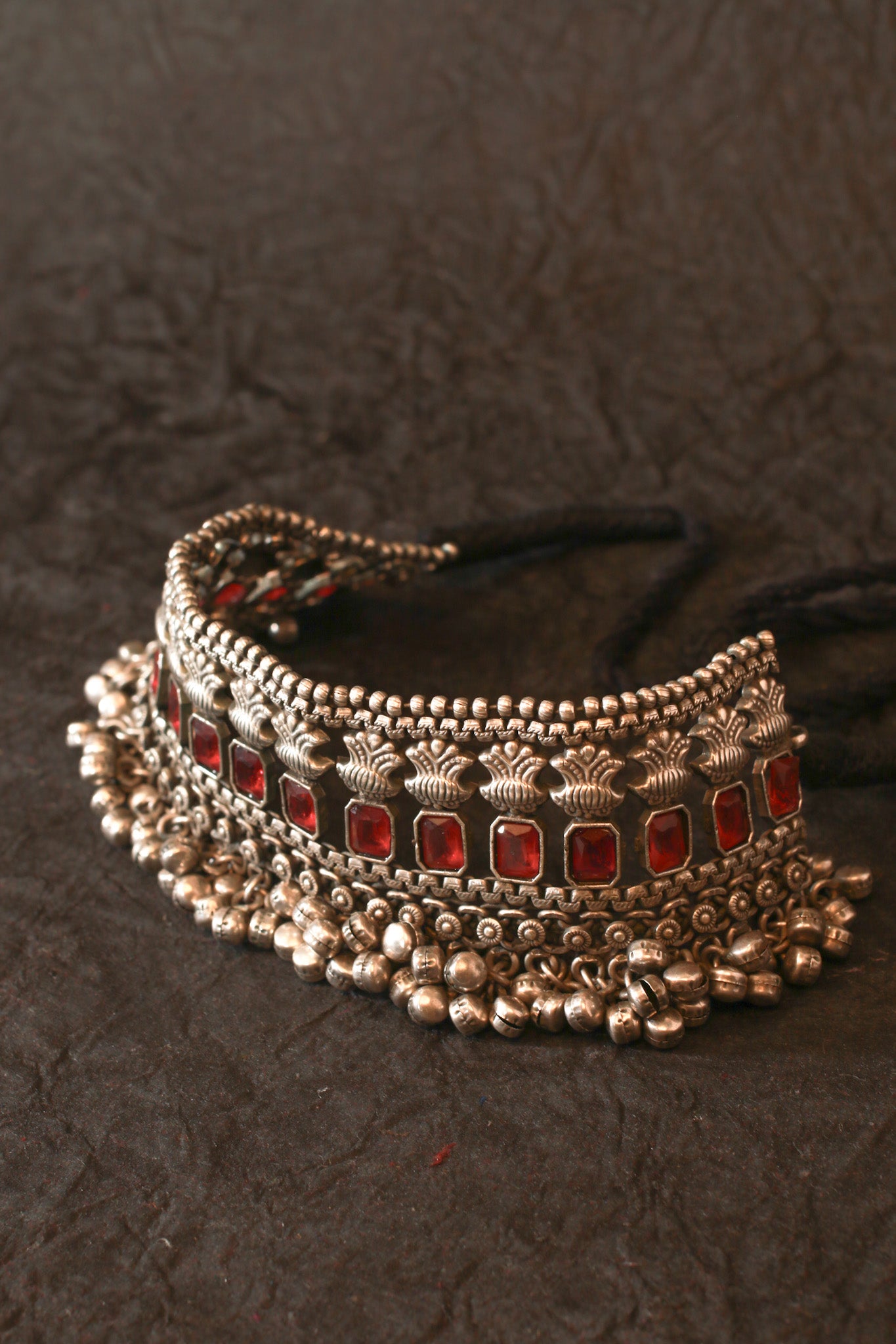Red Stone Choker with Antique Floral Design for Women