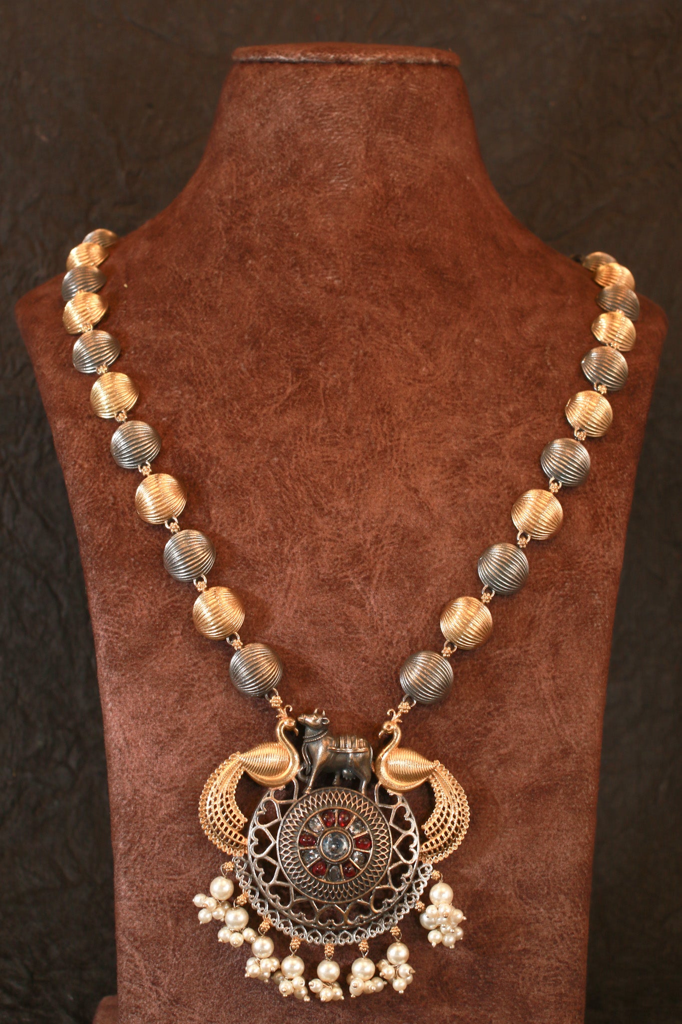 Dual Tone Beaded Elephant Pendant Replica Necklace for Women