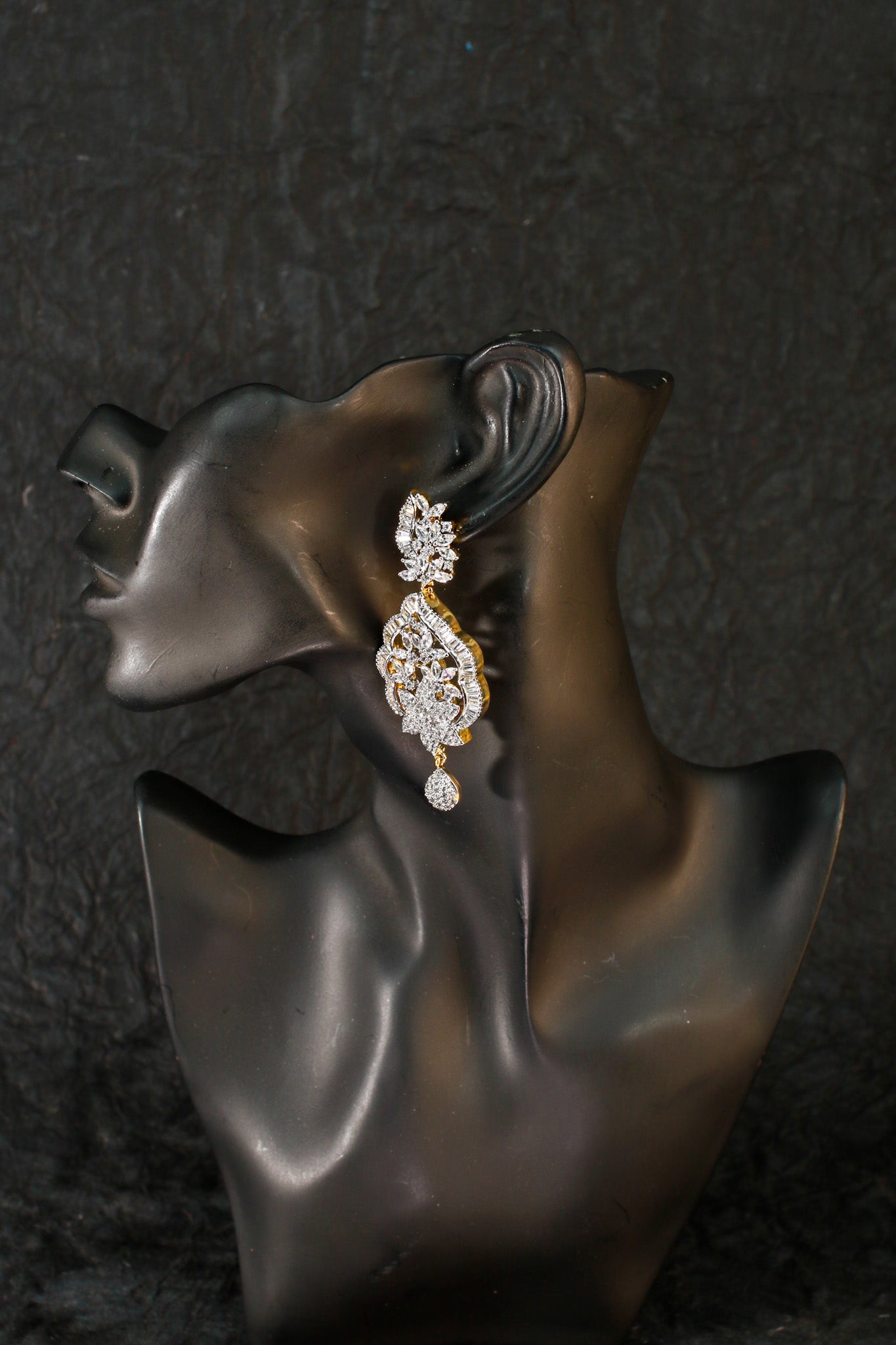 Classic Tear-Drop Leaf Motif AD Earrings with CZ Detailing