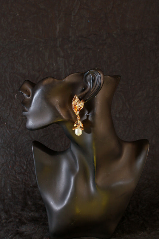 Floral Pearl Drop Gold Earrings