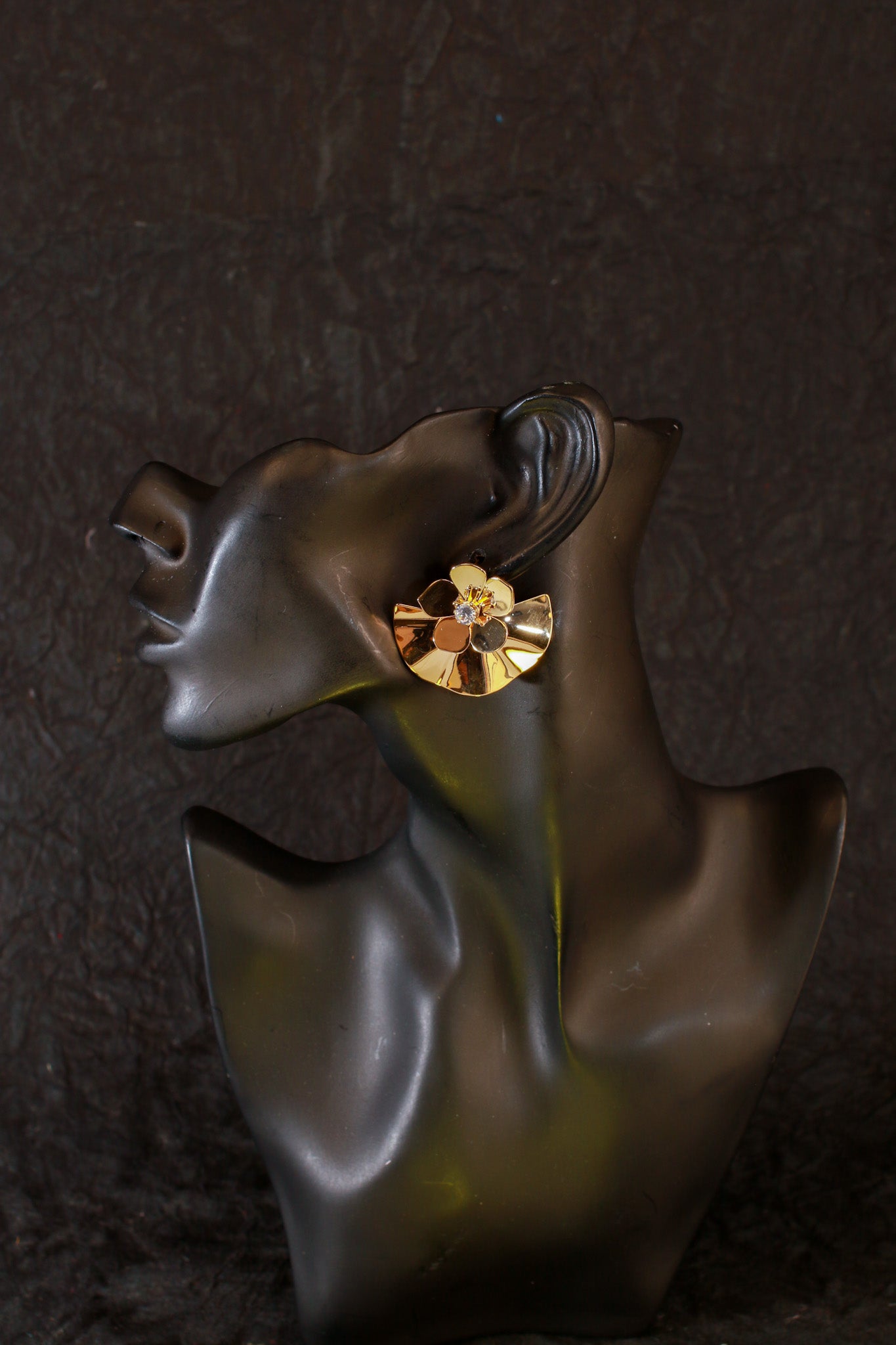 Gold Fan Petal Stud Earrings with Crystal Center – Designer Anti-Tarnish Finish