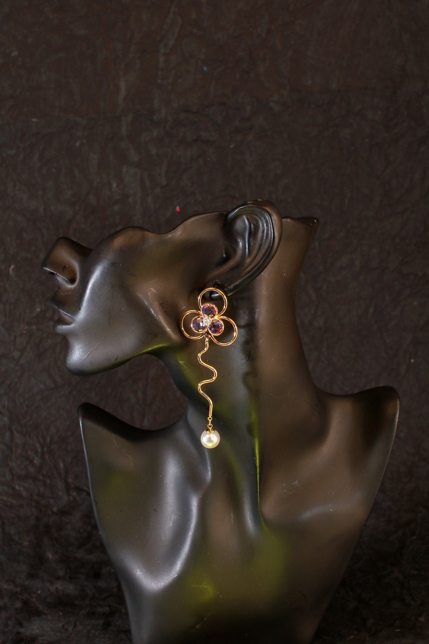 Floral Curve Earrings with Lavender Crystal & Pearl Drop