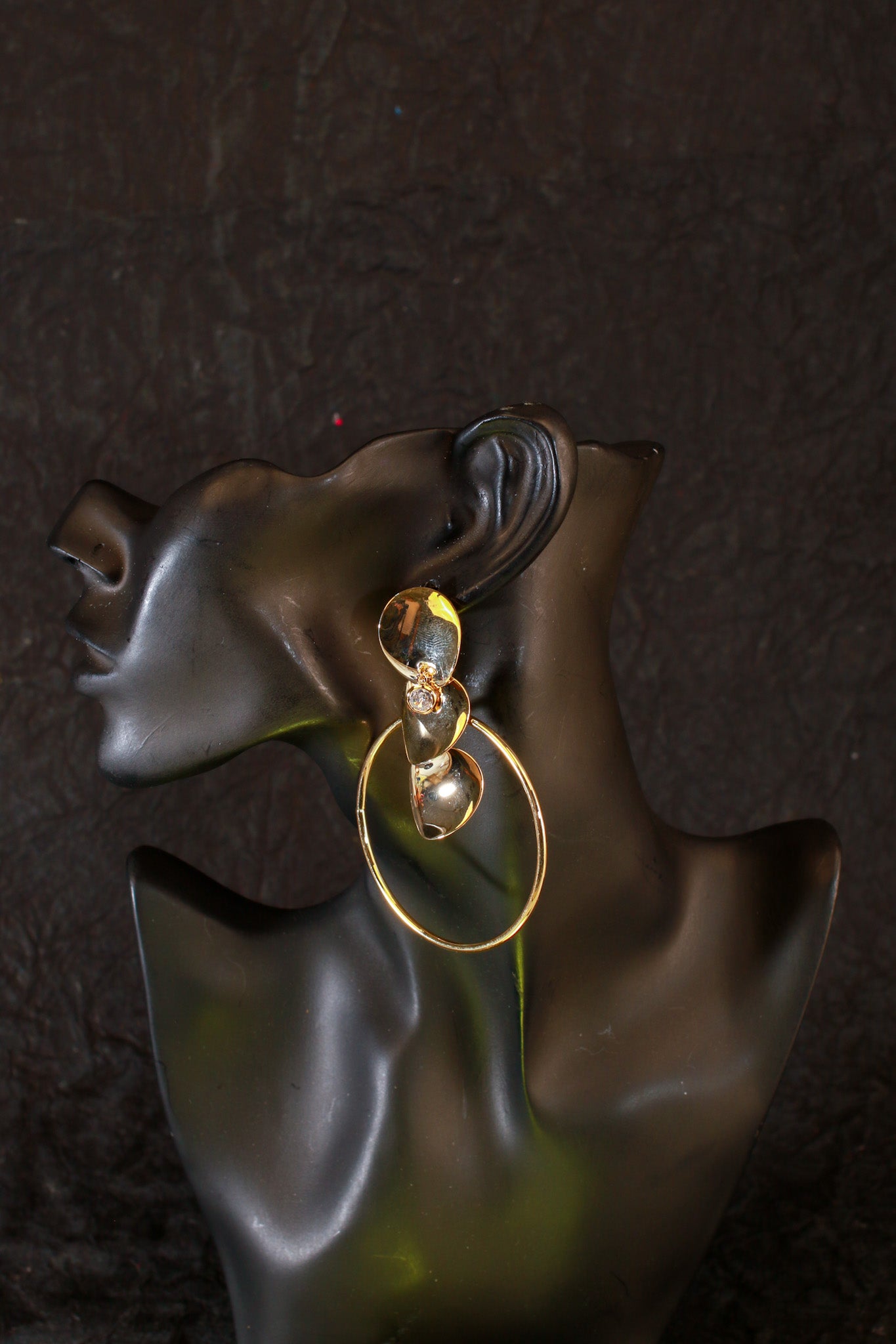 Bold Textured Gold Disc Earrings with Crystal Drop – Statement Fashion Jewelry