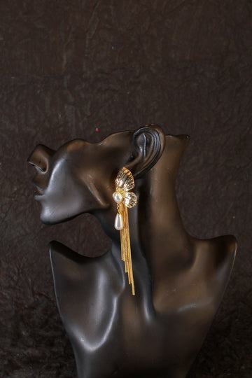 Floral Fan Pearl Dangle Earrings – Anti-Tarnish Gold