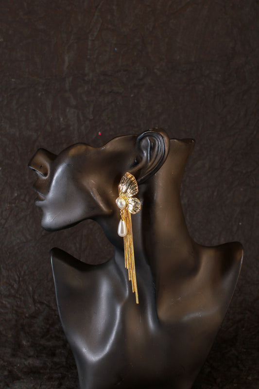 Floral Fan Pearl Dangle Earrings – Anti-Tarnish Gold