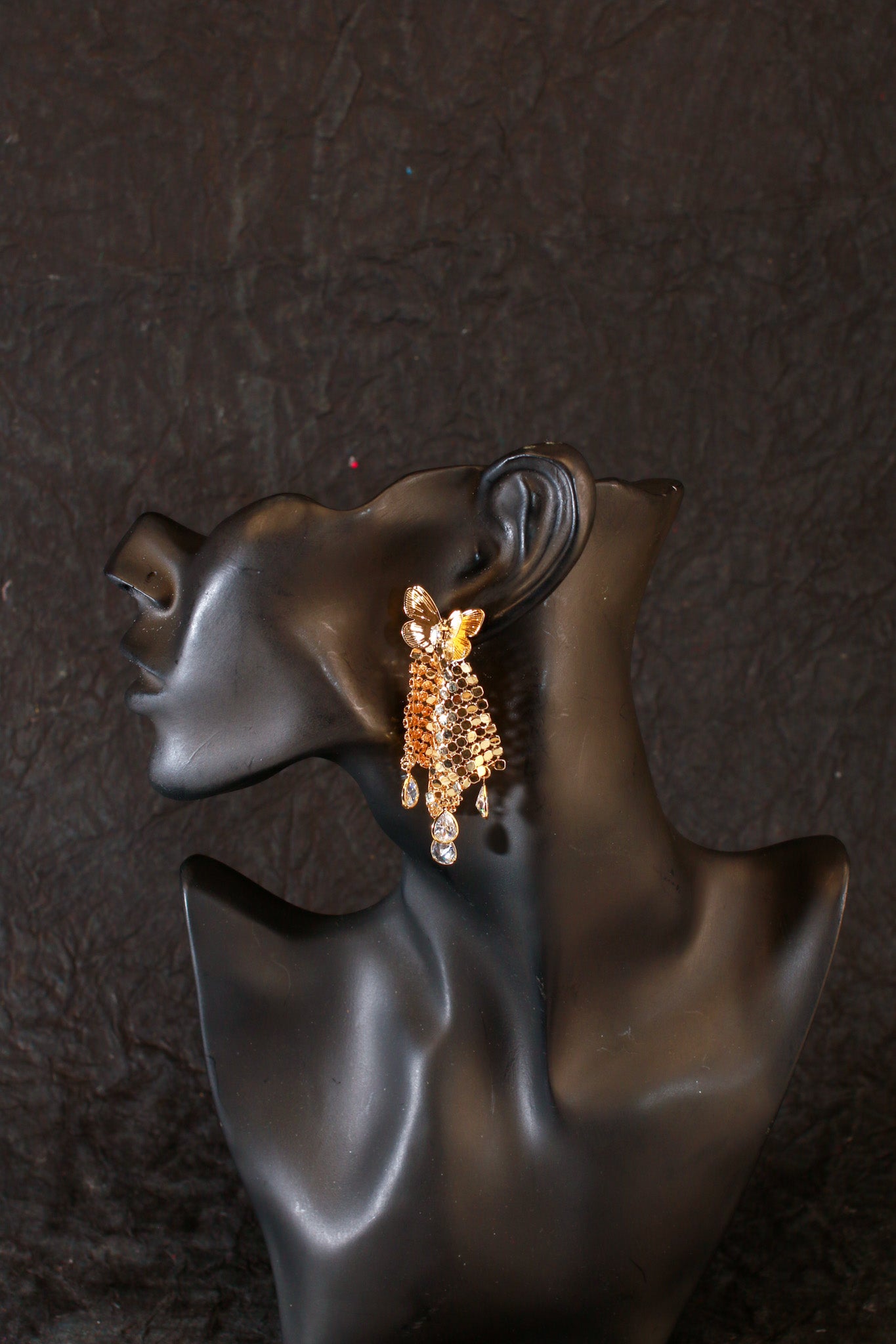 Butterfly Sequin Mesh Drop Earrings – Crystal Teardrop Details
