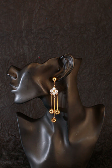 Pearl & Gold Stick Drop Earrings with Floral Cluster – Elegant Anti-Tarnish Jewelry