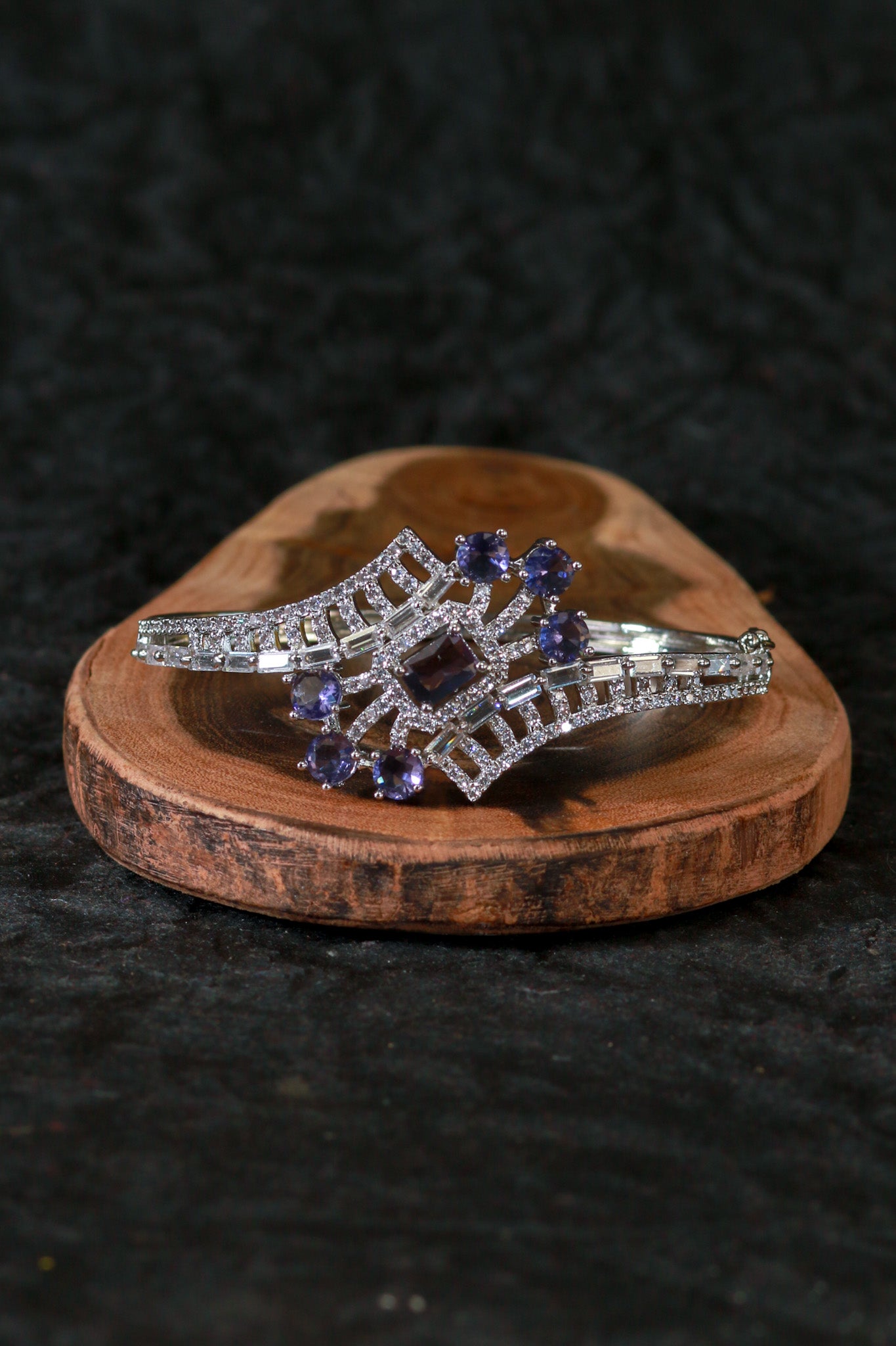 Geometric Silver Bracelet with Purple Gem Accents