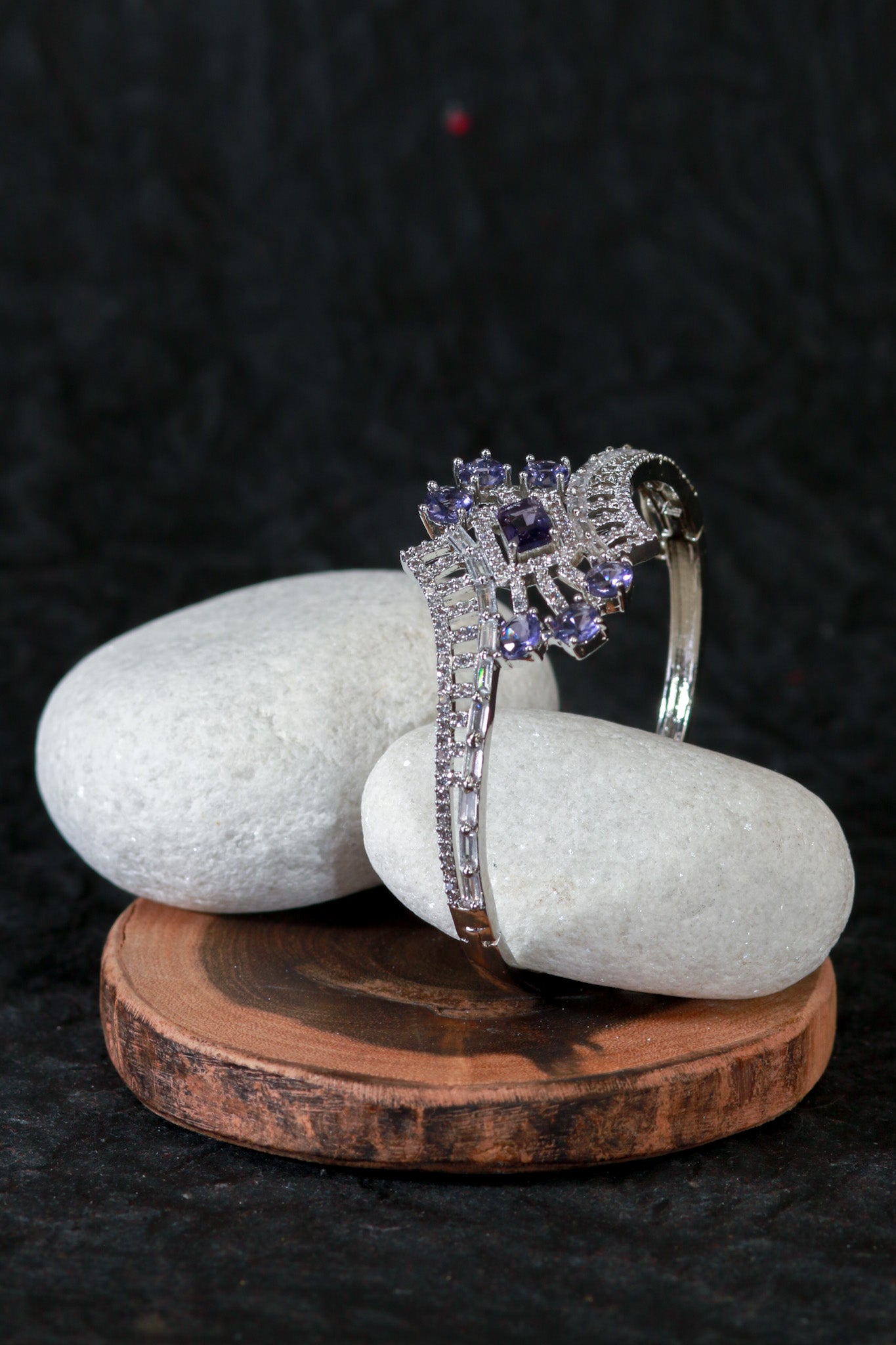 Geometric Silver Bracelet with Purple Gem Accents
