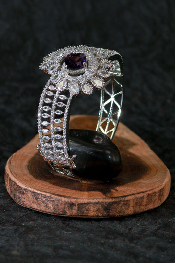 Elegant Silver Bracelet with Purple Floral Centerpiece