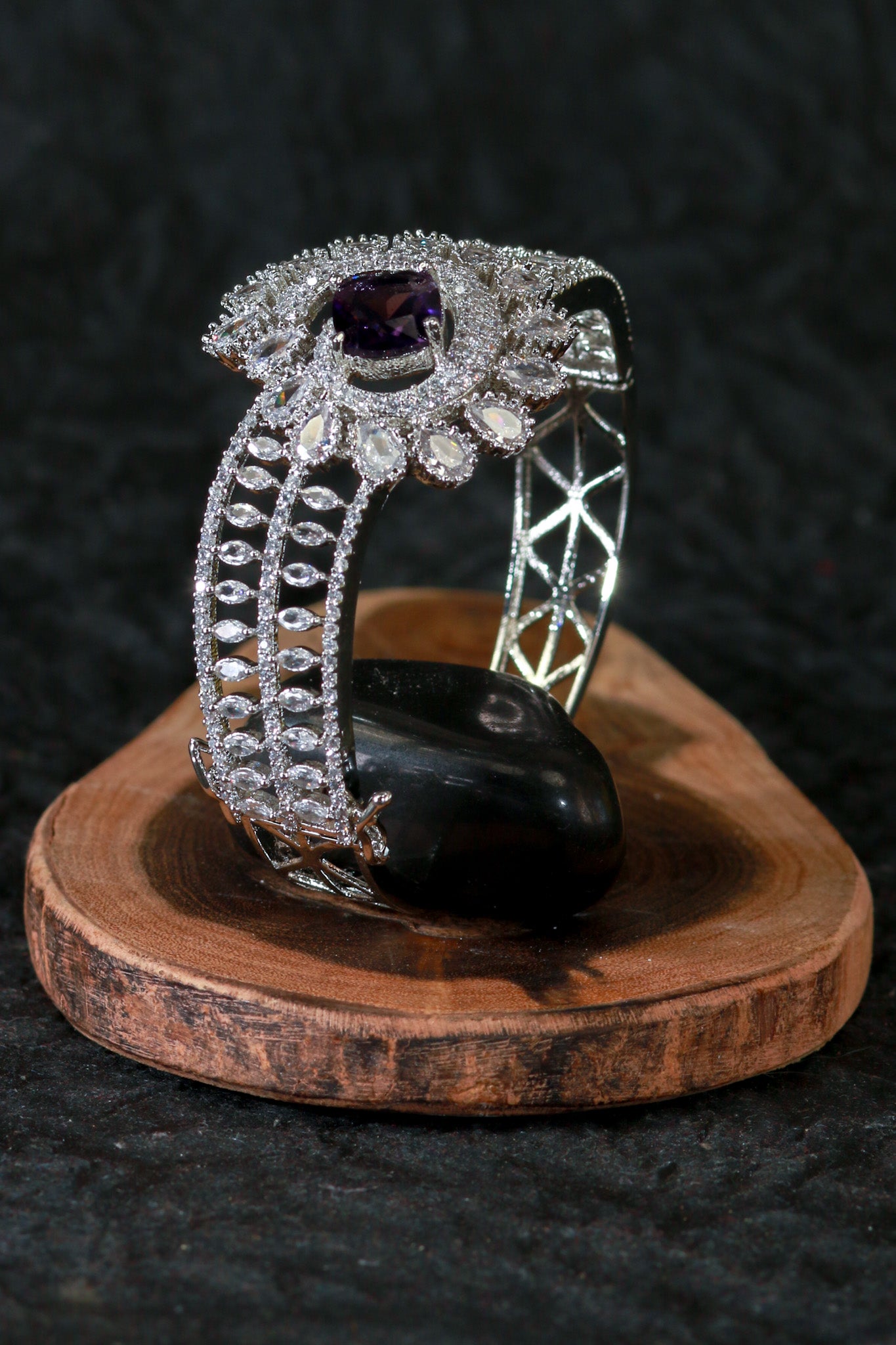 Elegant Silver Bracelet with Purple Floral Centerpiece