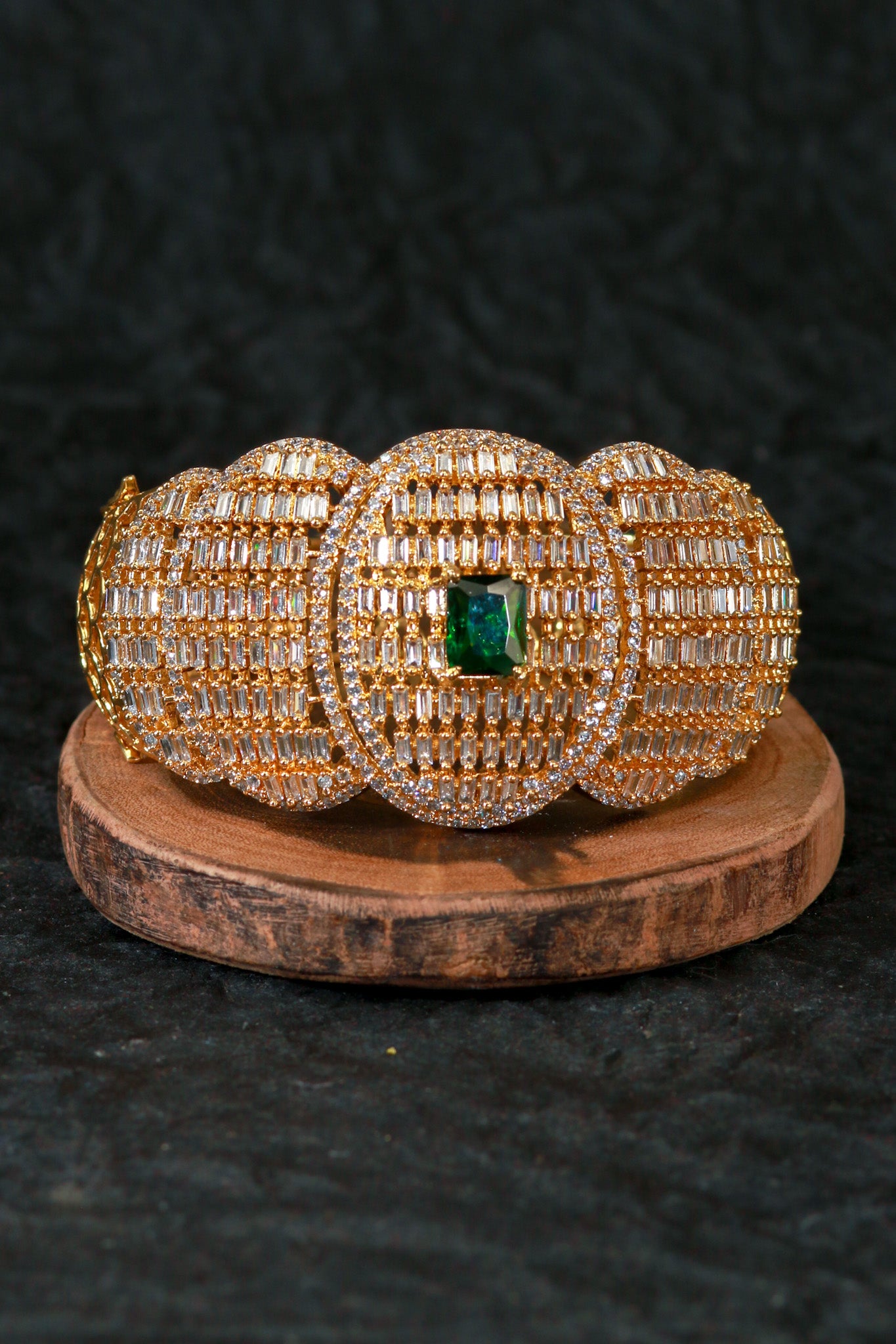 Emerald-Center Gold Bangle with Pave Detailing