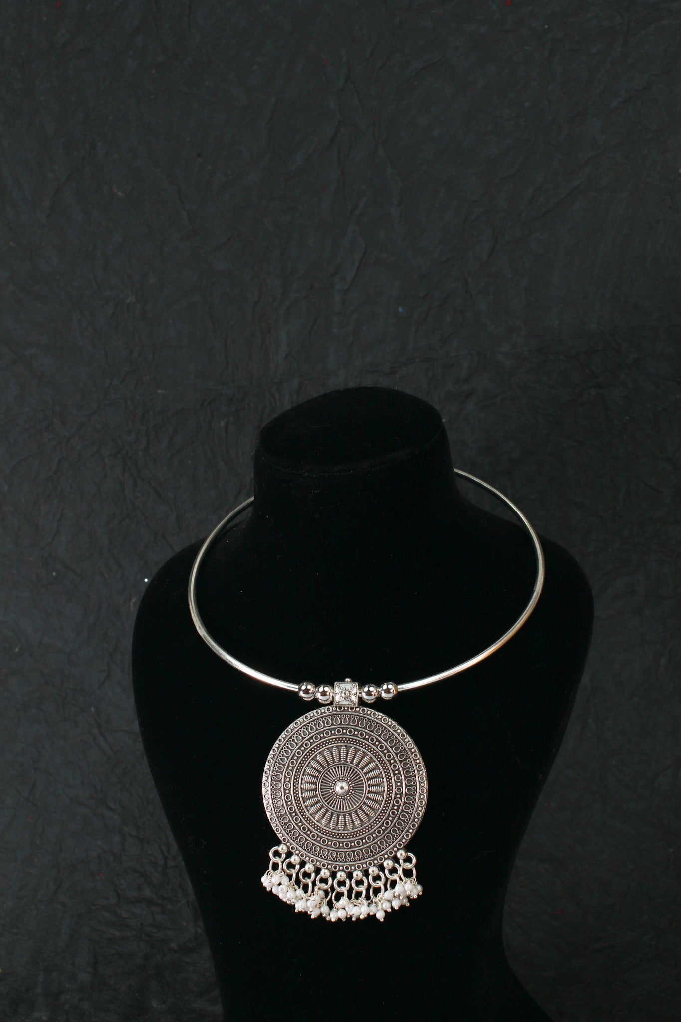 Oxidised German Silver Hansli Necklace with Round Mandala Pendant