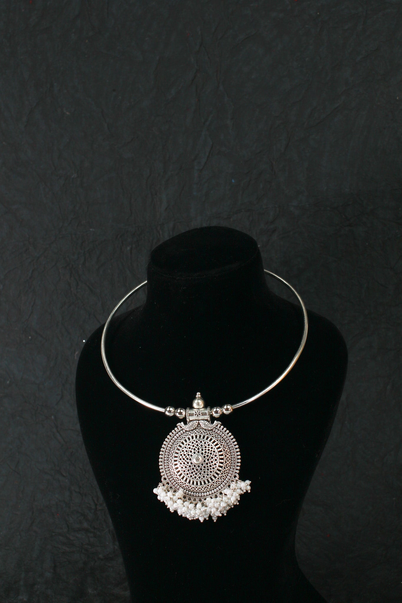 Oxidised German Silver Hansli Necklace with Circular Filigree Pendant