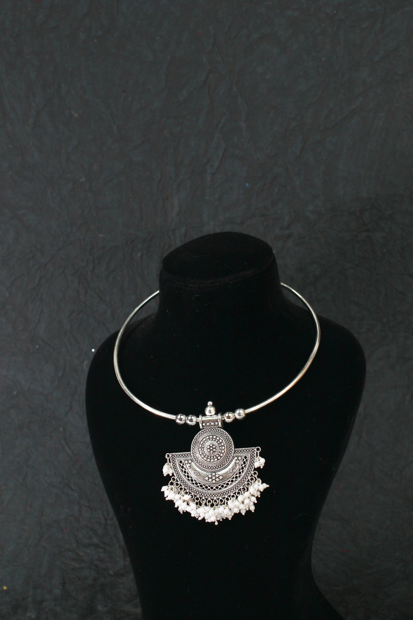 Oxidised German Silver Hansli Necklace with Semi-Circle Pendant