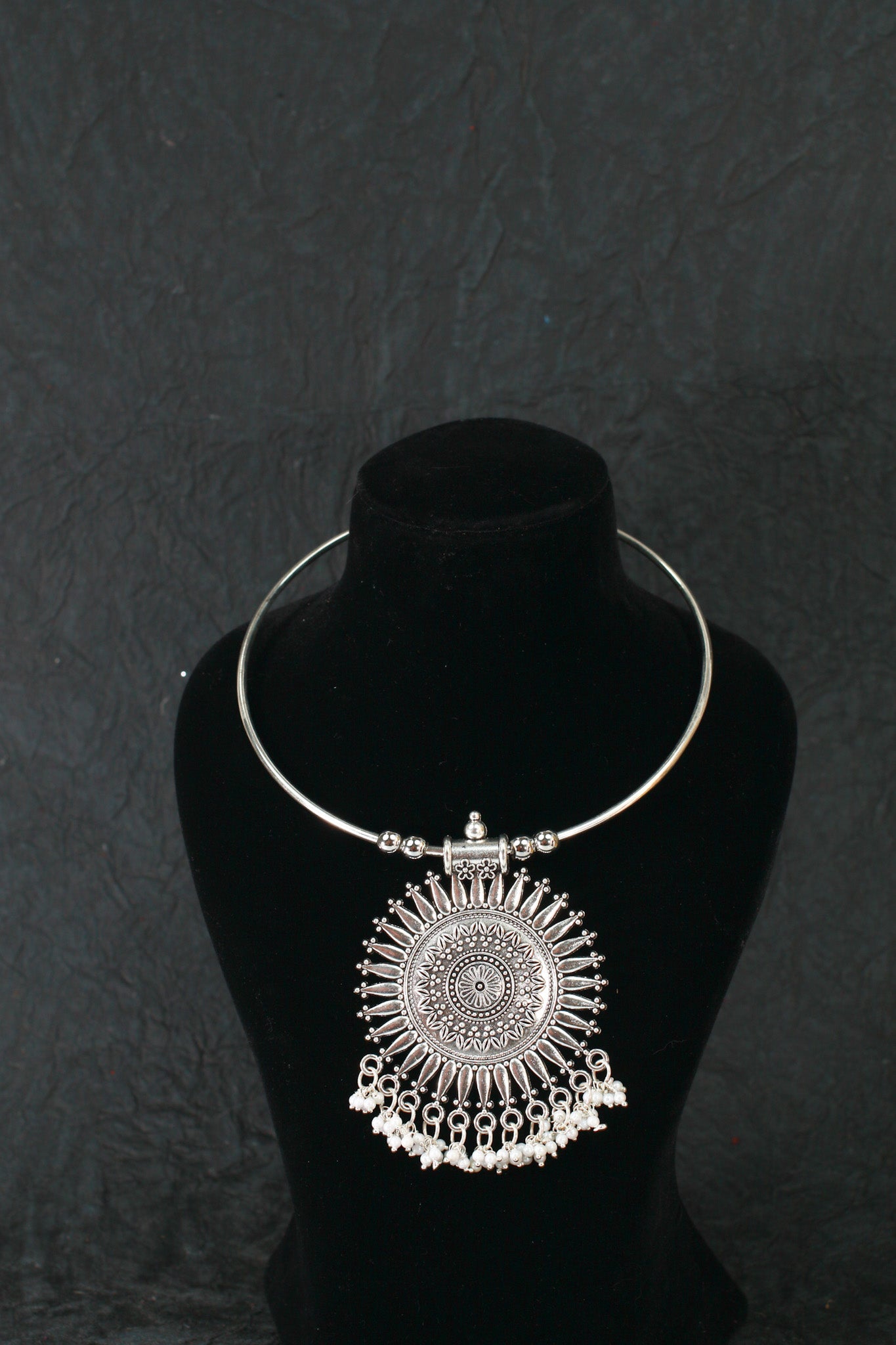Oxidised German Silver Hansli Necklace with Sunburst Pendant
