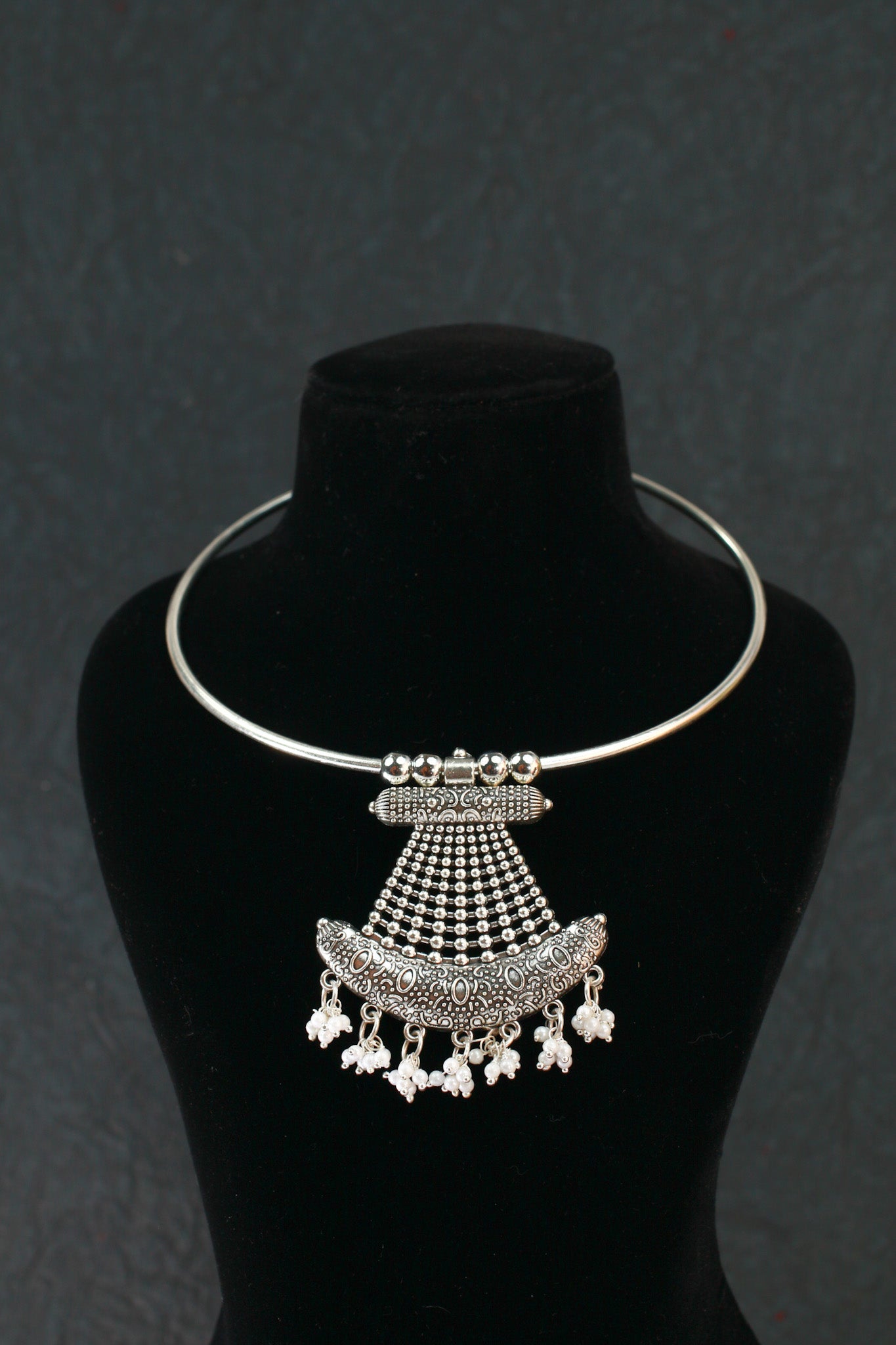 Oxidised German Silver Hansli Necklace with Flared Pendant