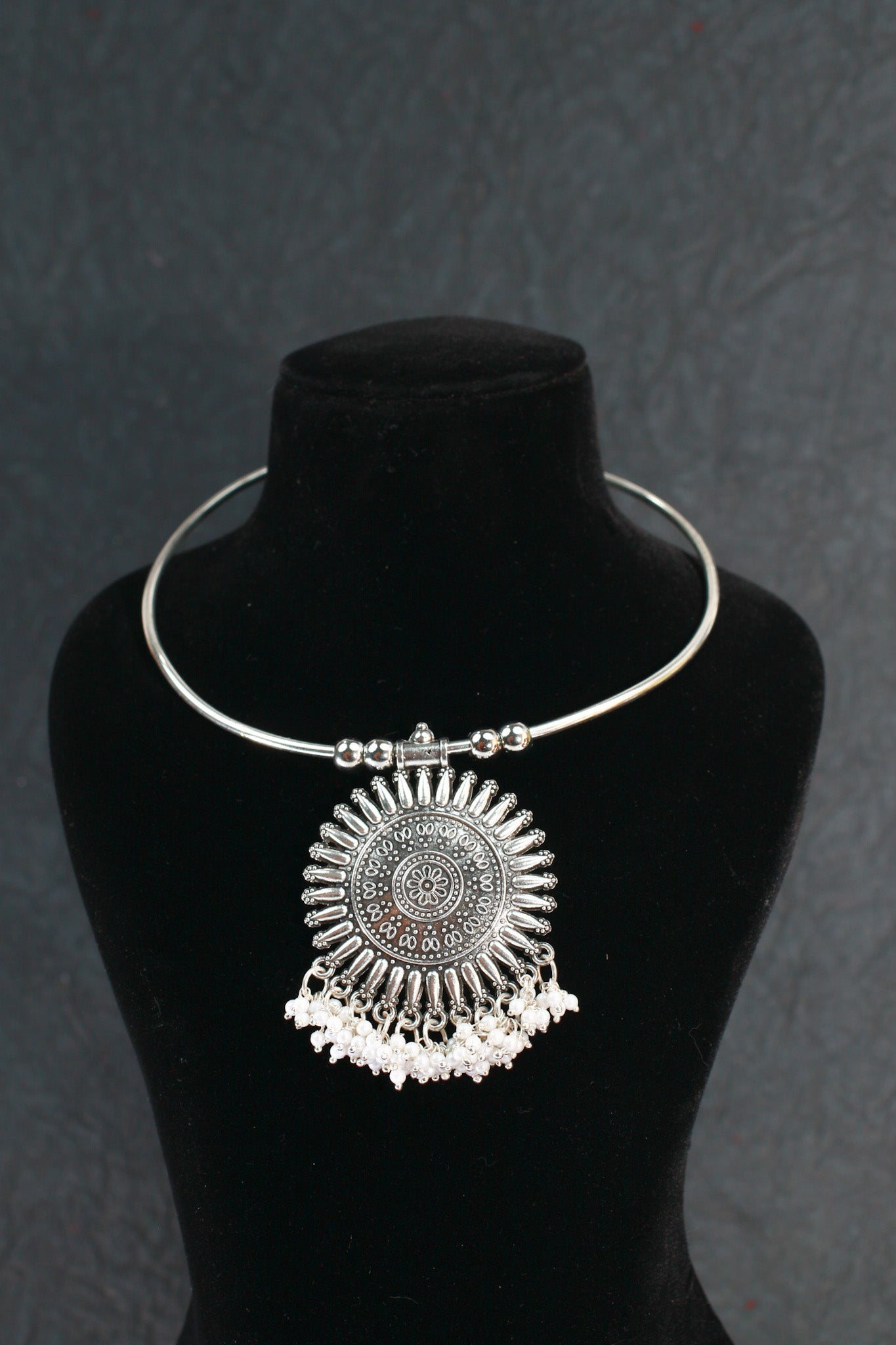 Oxidised German Silver Hansli Necklace with Sunburst Pendant & Pearl Fringe