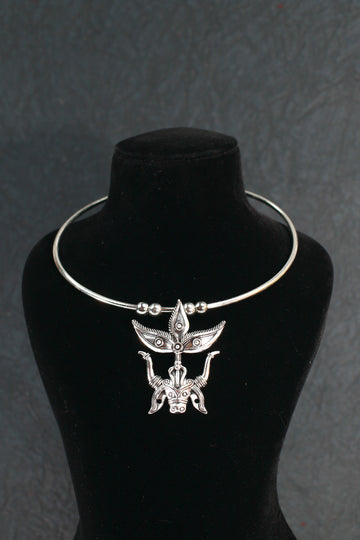 Oxidised German Silver Hansli Necklace with Tribal Leaf Totem Pendant