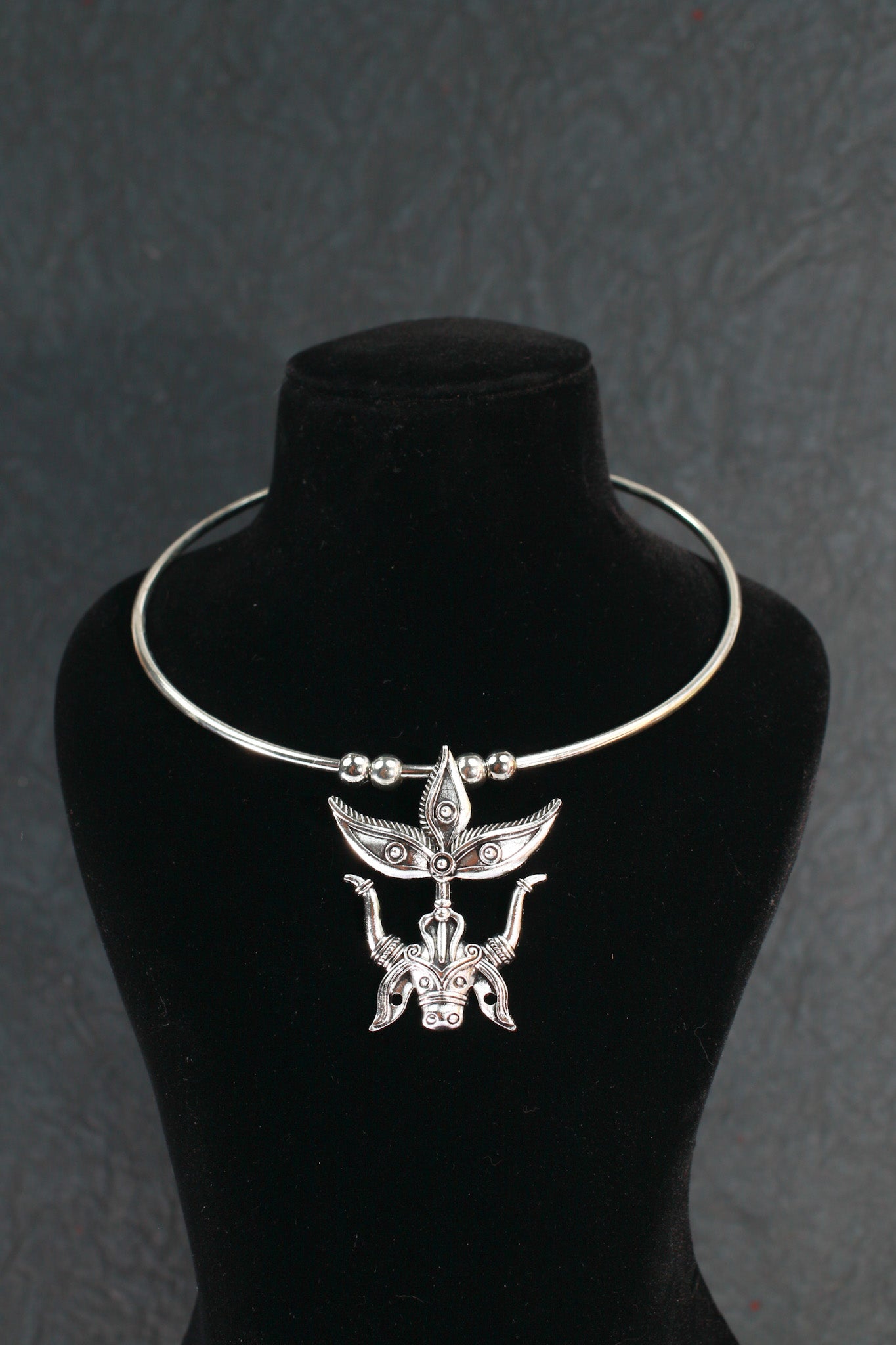Oxidised German Silver Hansli Necklace with Tribal Leaf Totem Pendant