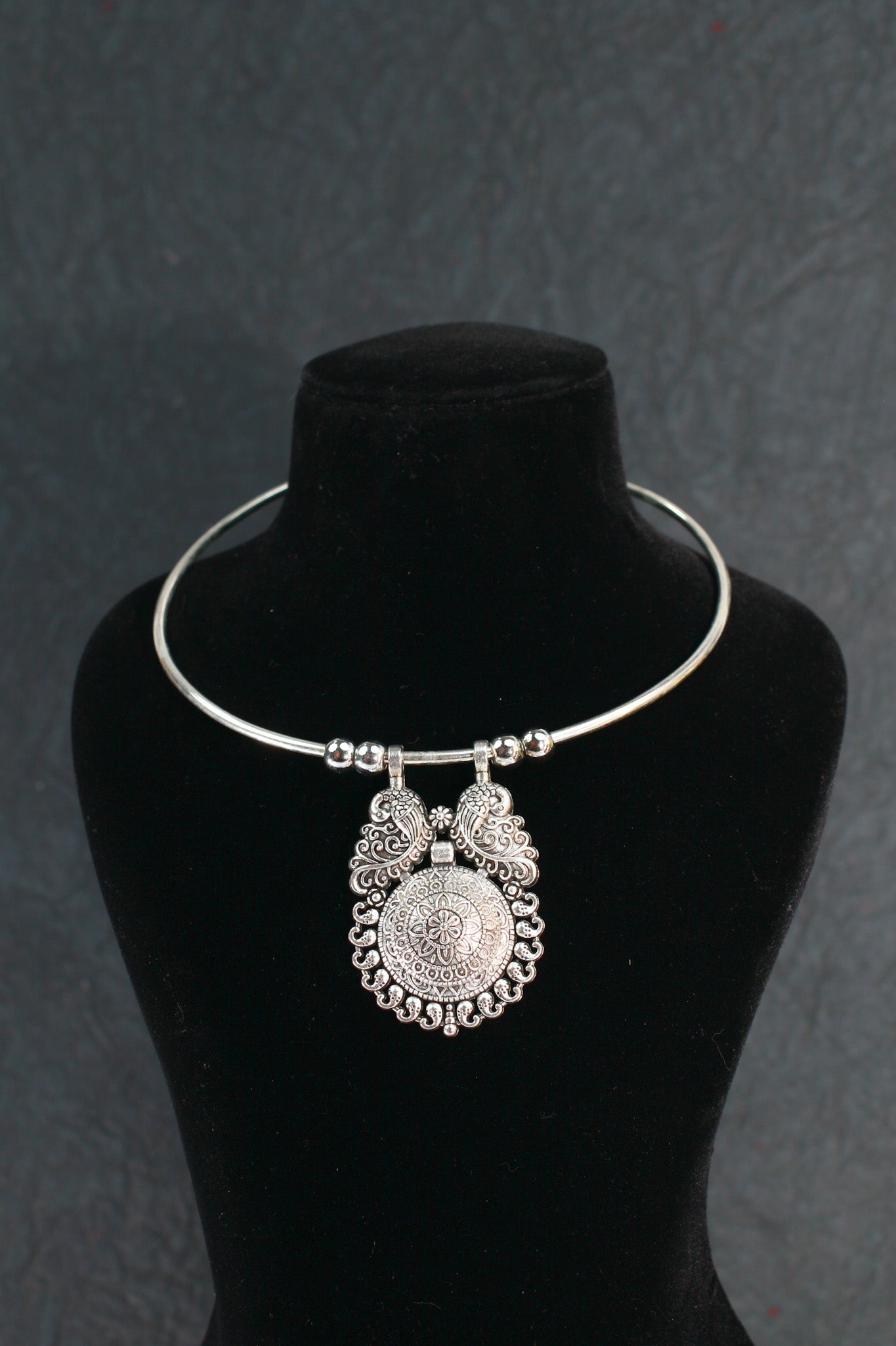 Oxidised German Silver Hansli Necklace with Antique Floral Medallion Pendant