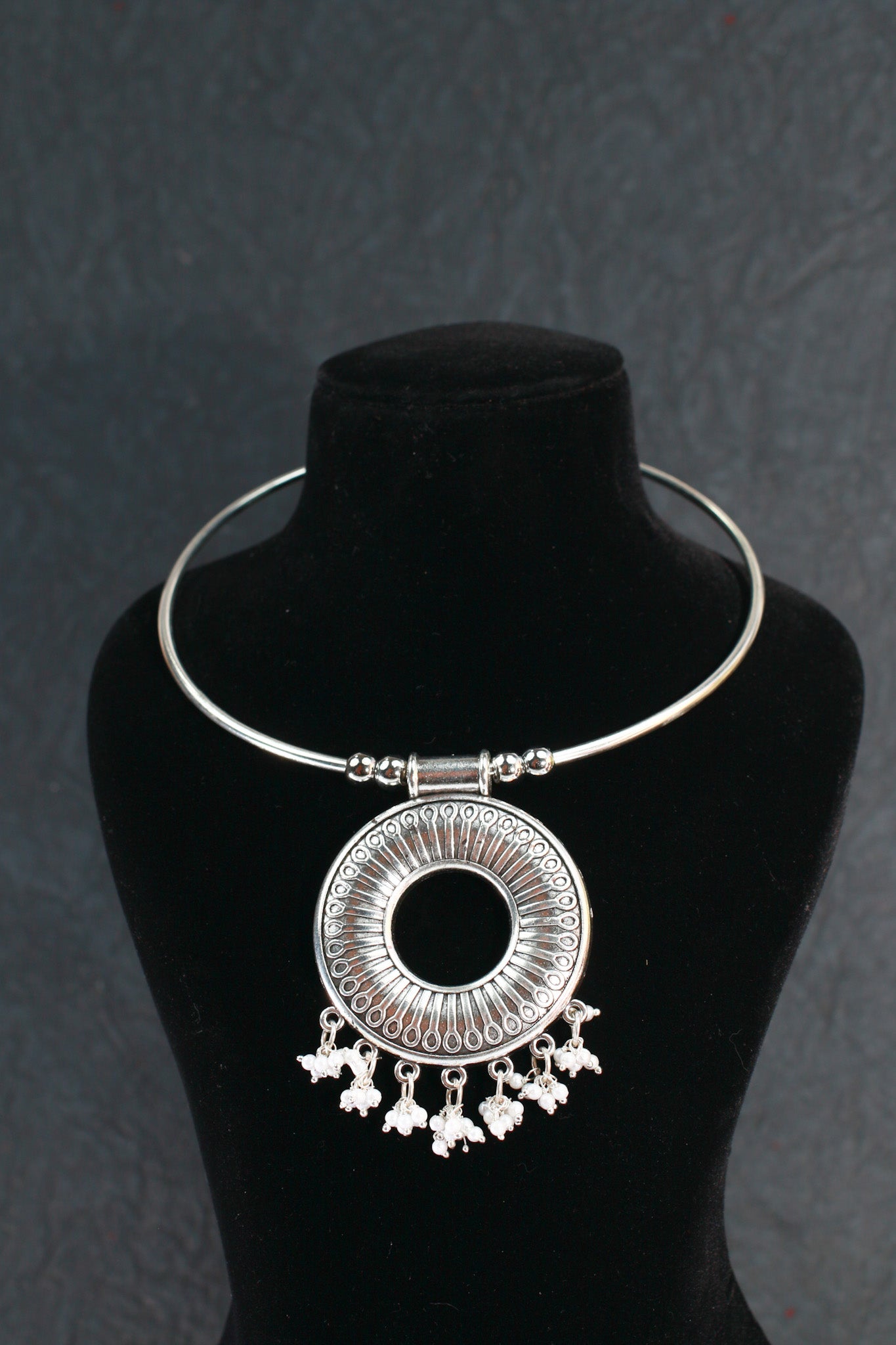 Oxidised German Silver Hansli Necklace with Hollow Circle Pendant