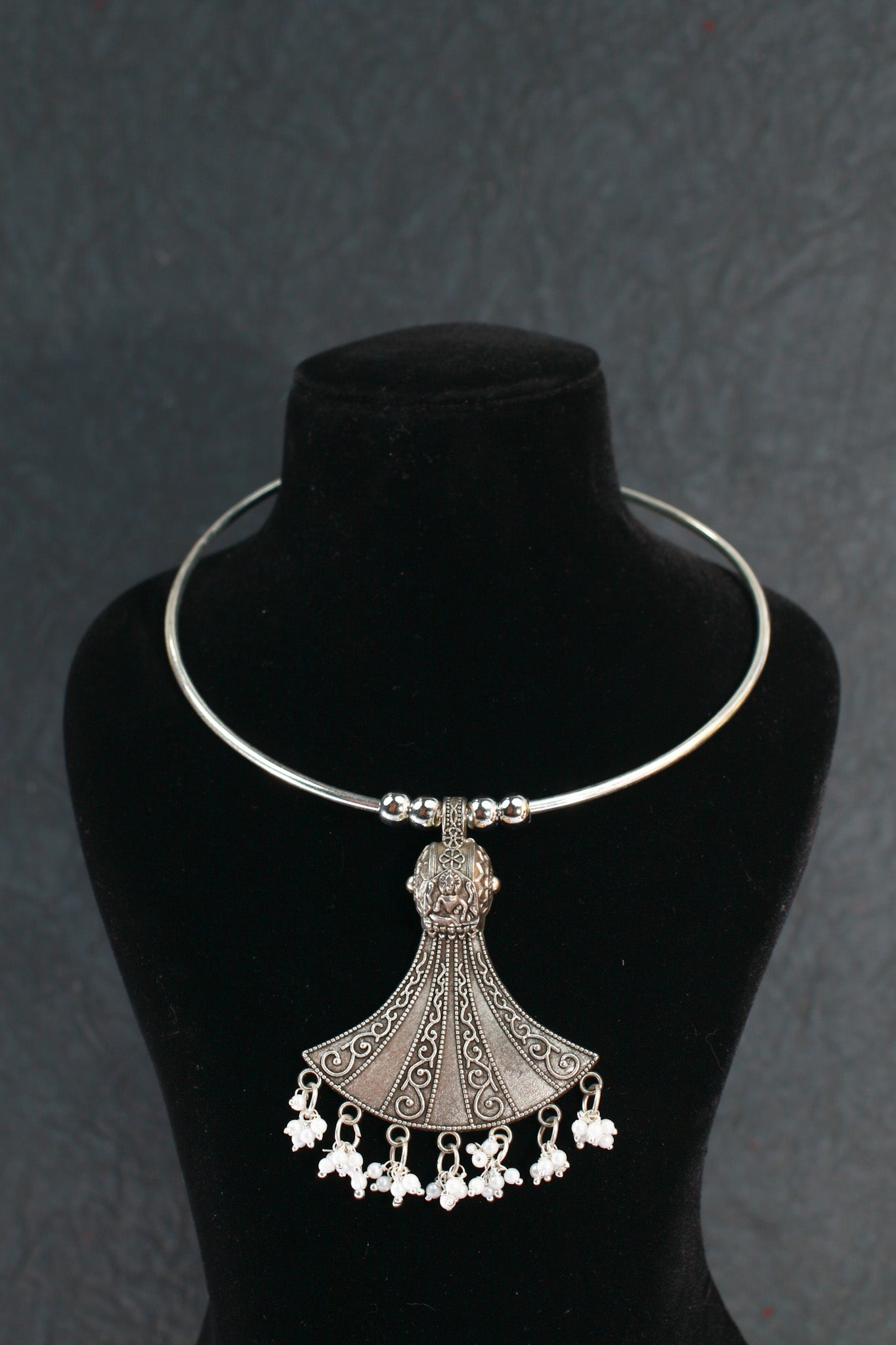 Oxidised German Silver Hansli Necklace with Fan Shape Pendant