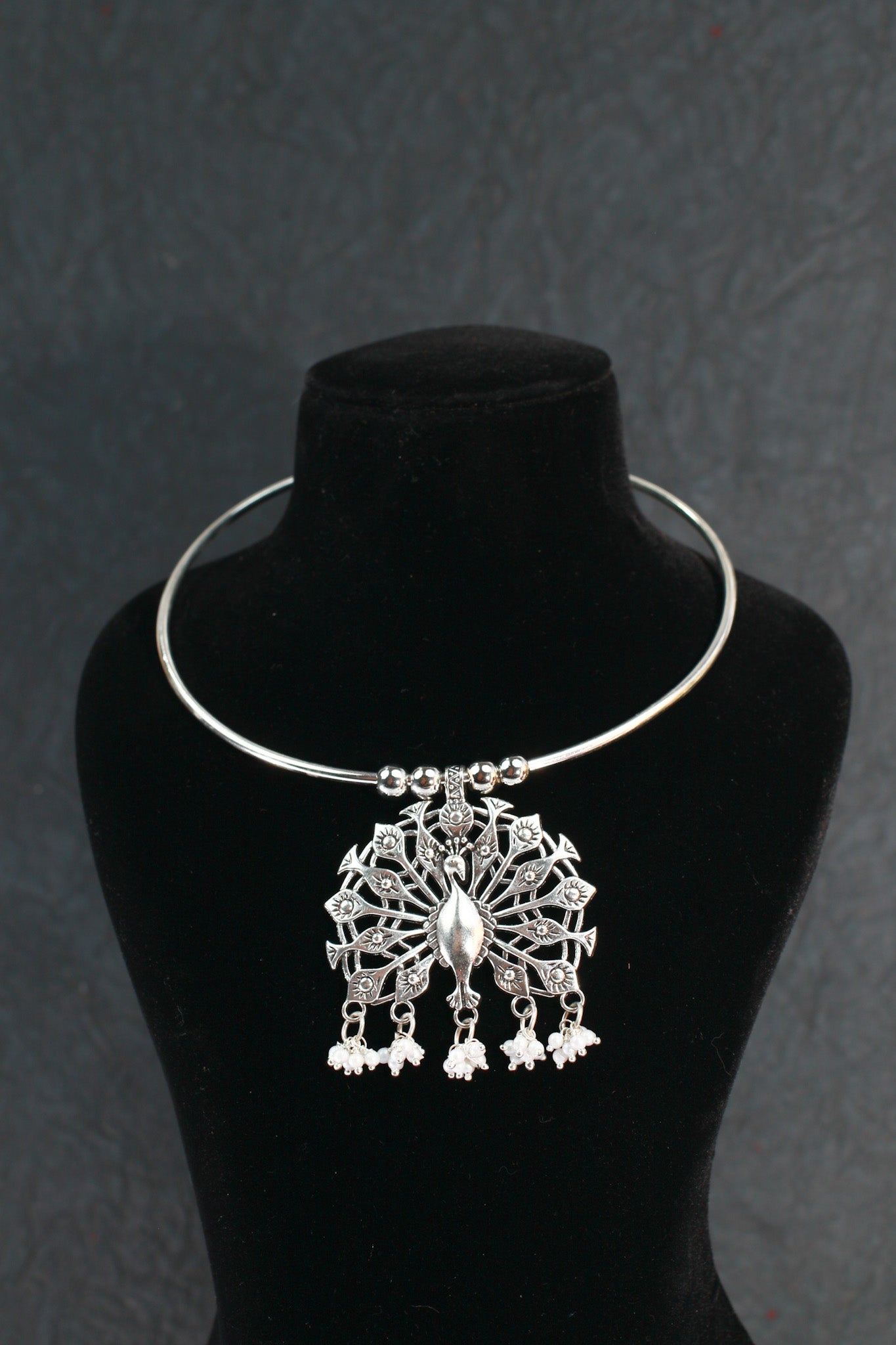 Oxidised German Silver Hansli Necklace with Peacock Design Pendant