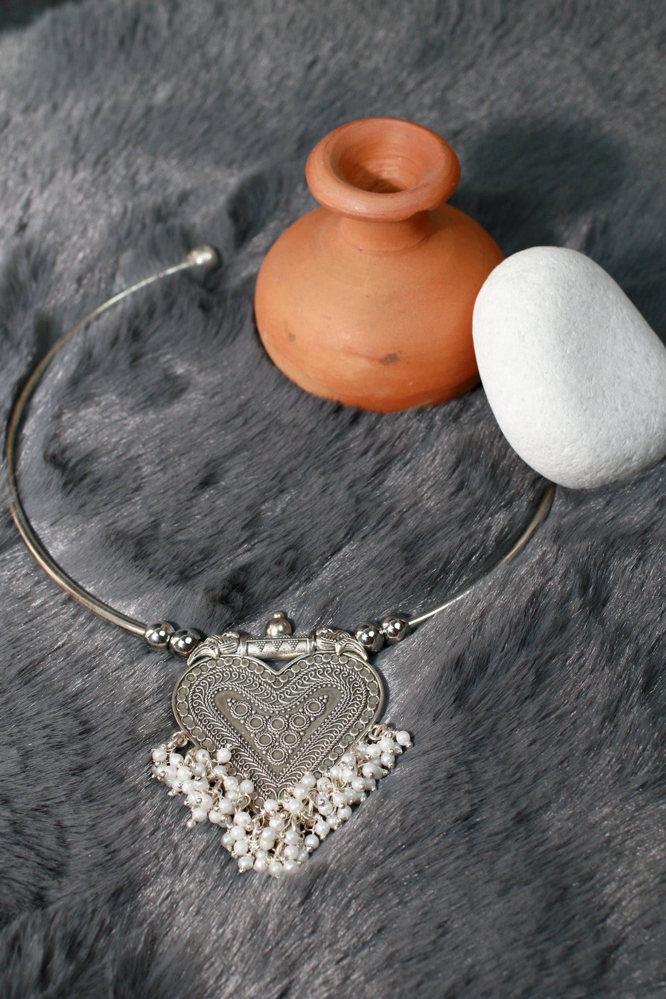 Oxidised German Silver Hansli Necklace with Heart Shaped Pendant