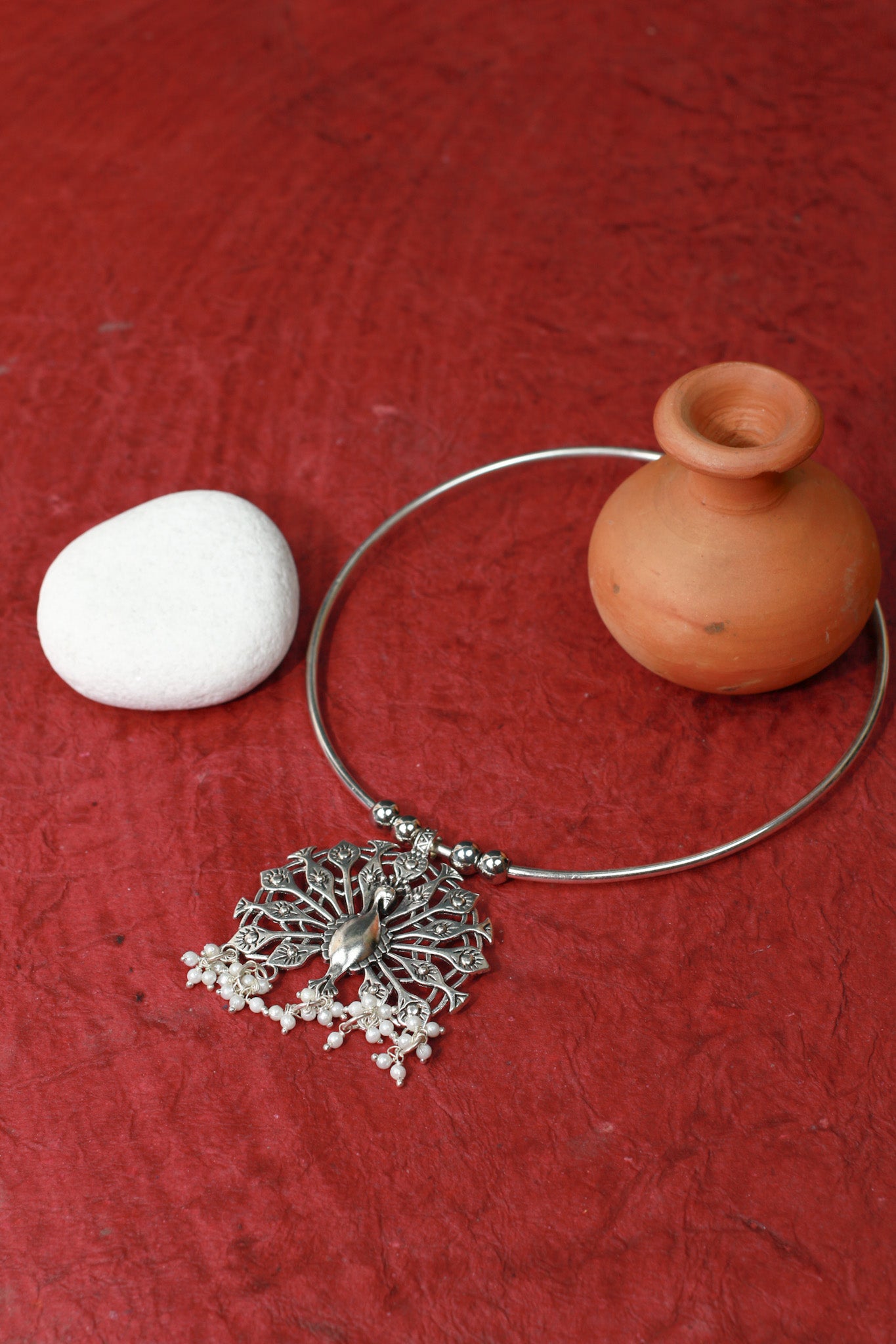 Oxidised German Silver Hansli Necklace with Peacock Design Pendant