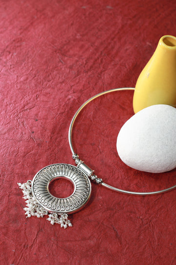 Oxidised German Silver Hansli Necklace with Hollow Circle Pendant