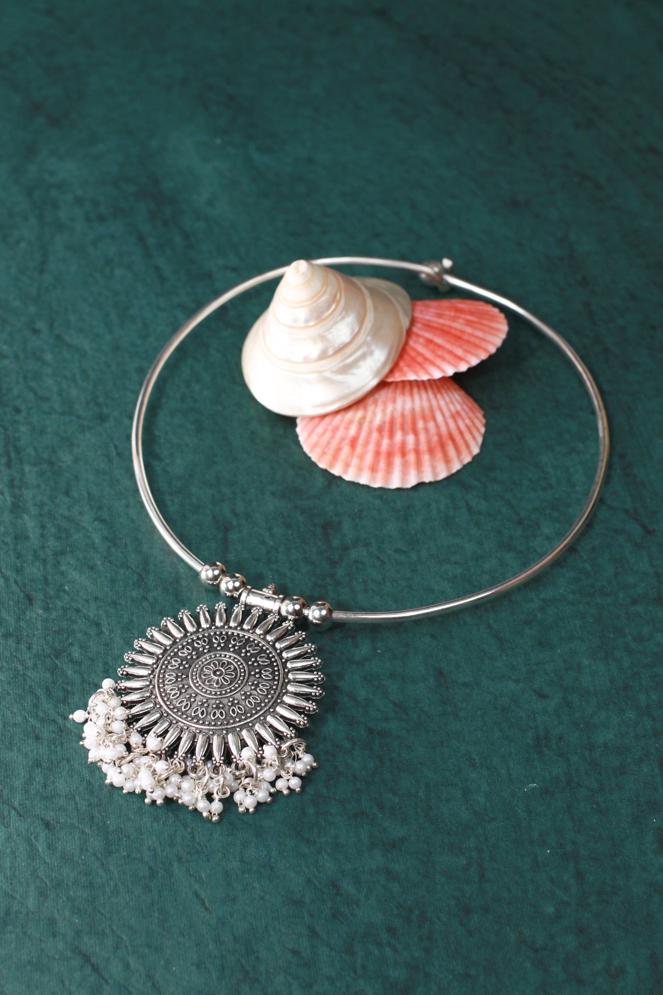 Oxidised German Silver Hansli Necklace with Sunburst Pendant & Pearl Fringe