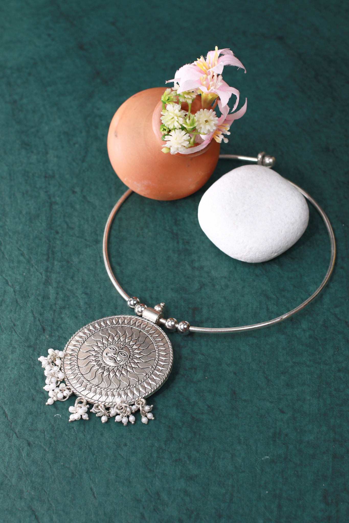 Oxidised German Silver Hansli Necklace with Sun Disc Pendant