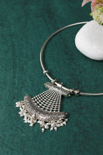 Oxidised German Silver Hansli Necklace with Flared Pendant