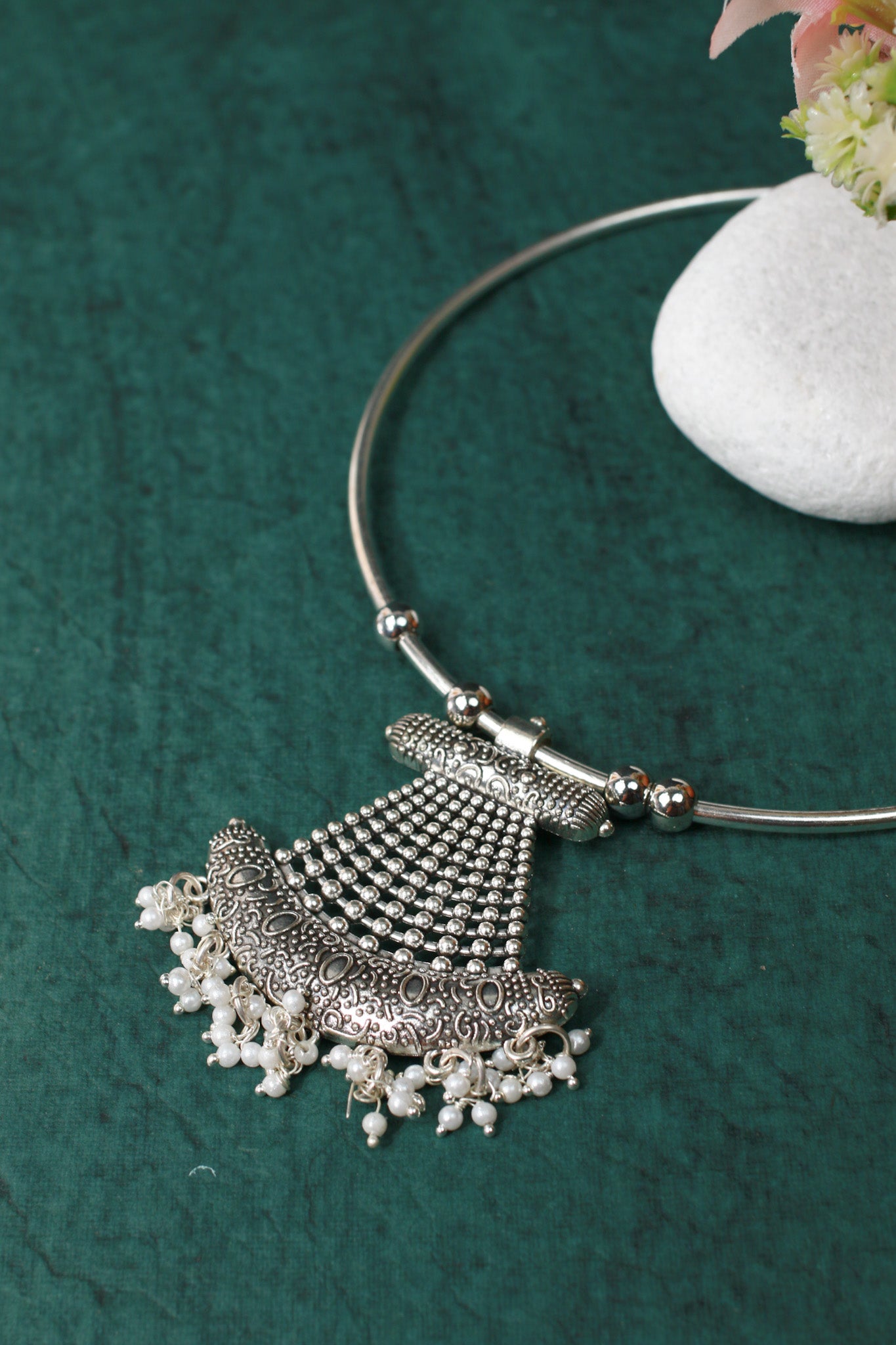 Oxidised German Silver Hansli Necklace with Flared Pendant