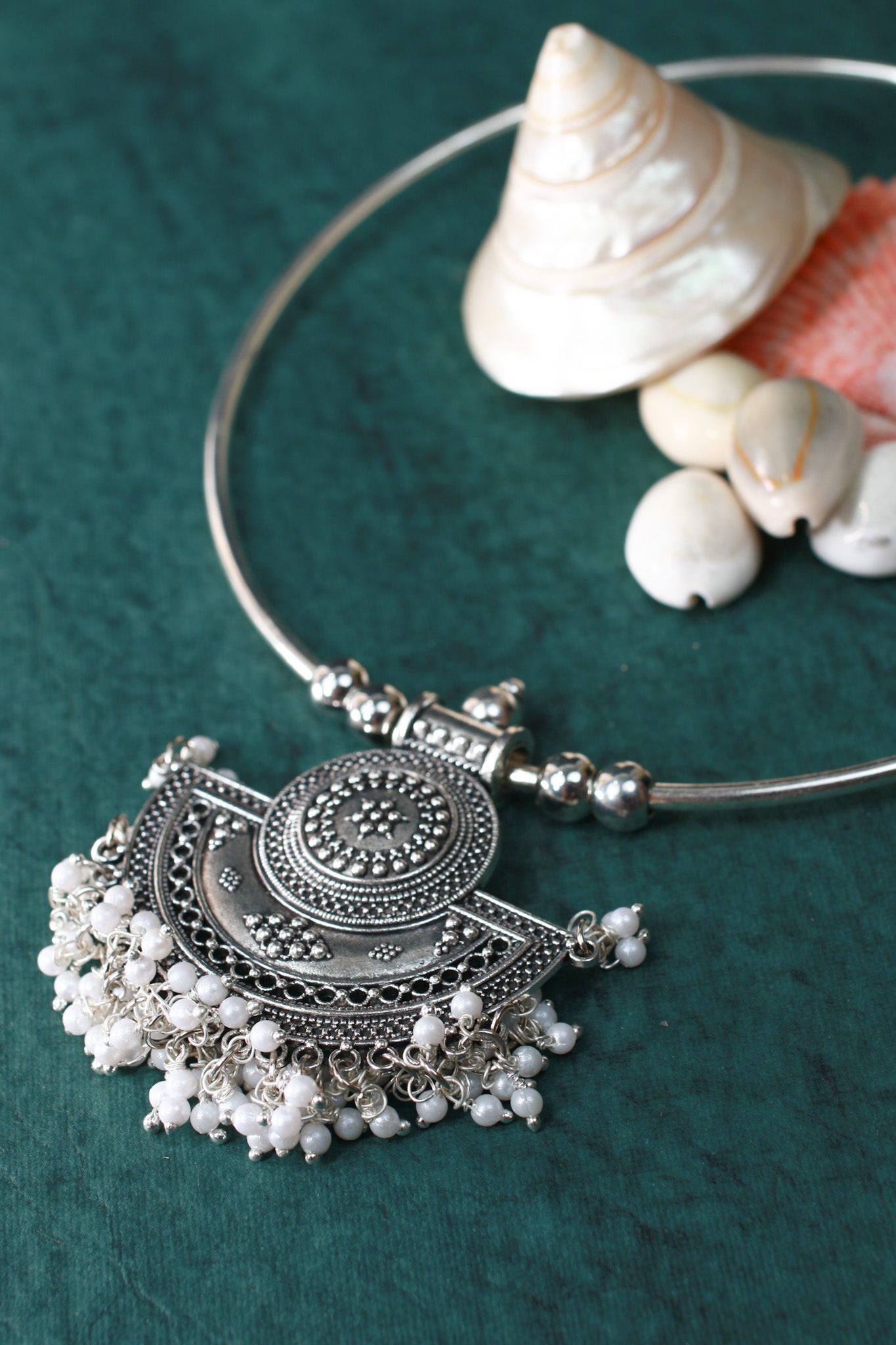 Oxidised German Silver Hansli Necklace with Semi-Circle Pendant