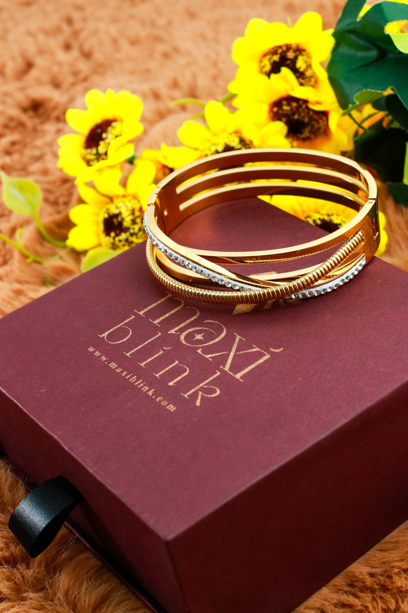 Anti - Tarnish Gold Multi - Layer Textured Cuff Bracelet – Stainless Steel with CZ Accents - Maxiblink